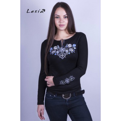 Embroidered t-shirt with long sleeves "Forest Song" blue on black